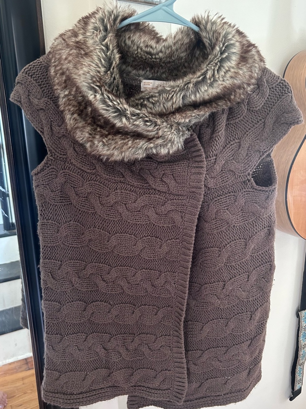 Zara Brown Cable Knit Vest with Faux Fur Collar